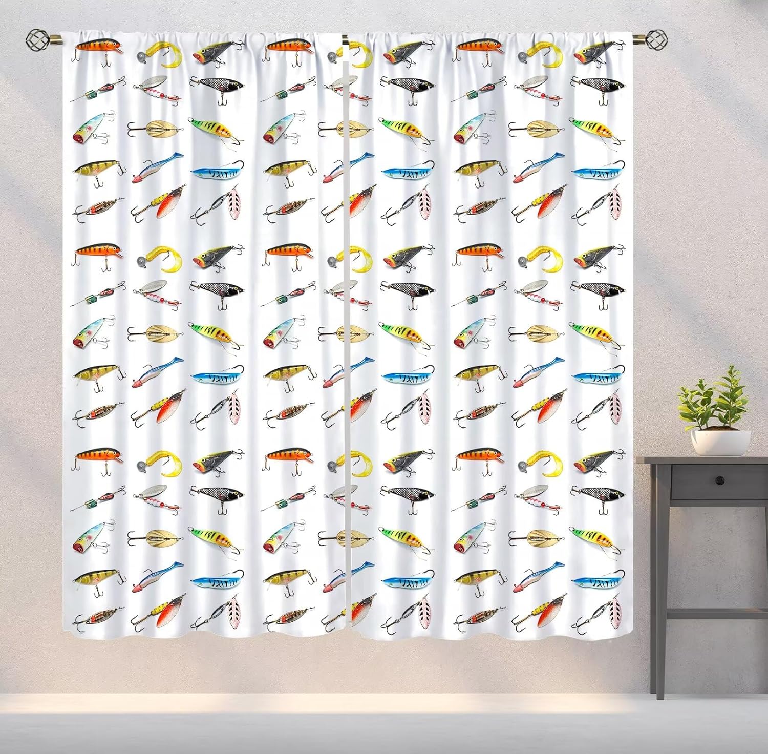 Colorful Fishing Curtains Rustic Farmhouse Camping Printed Rod Pocket Blackout Window Treatment for Living Room Bedroom Kitchen Cafe Decor W21xL63in 2 Panels