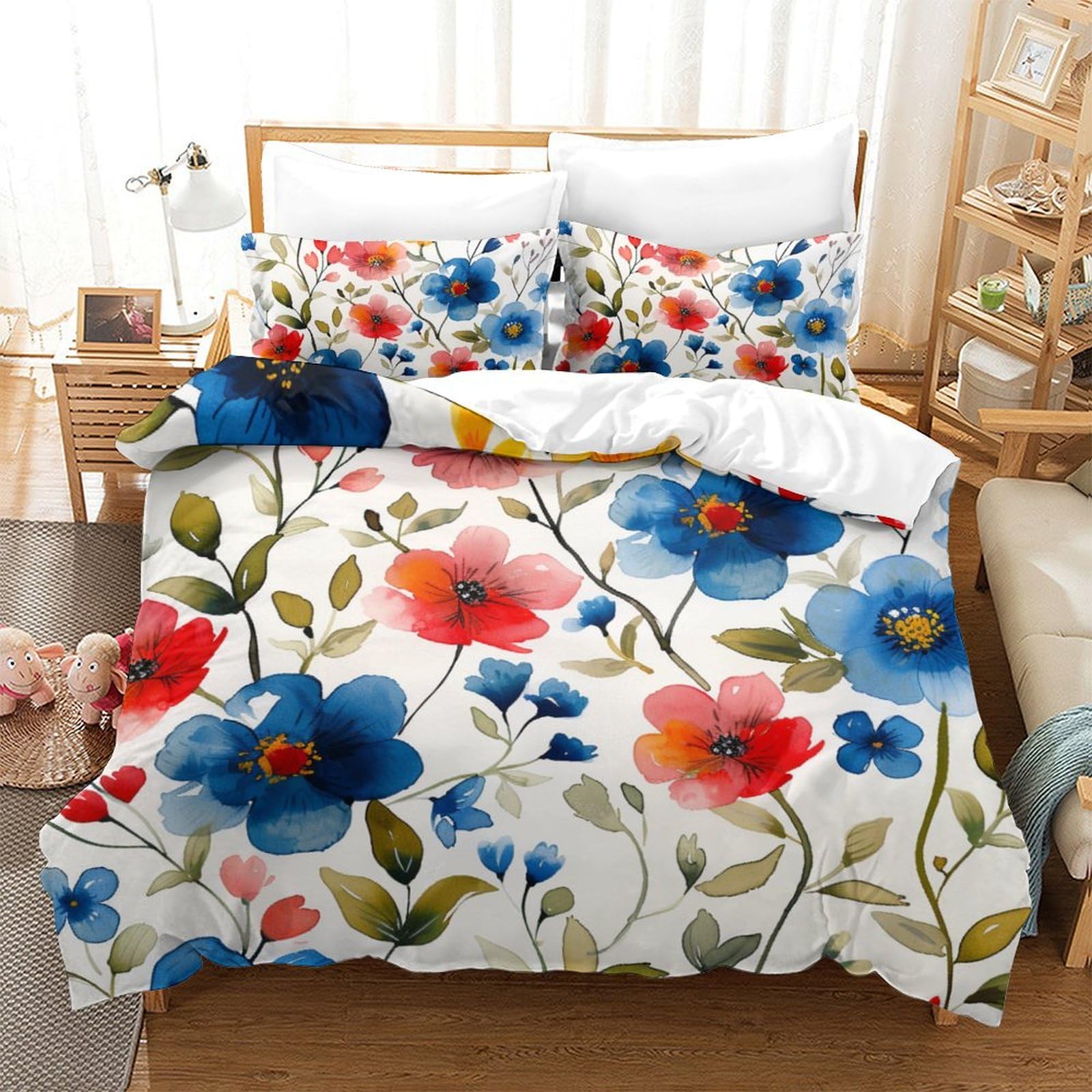 Parure de lit 3 pièces fleurs aquarelle 3D housse de couette king microfibre