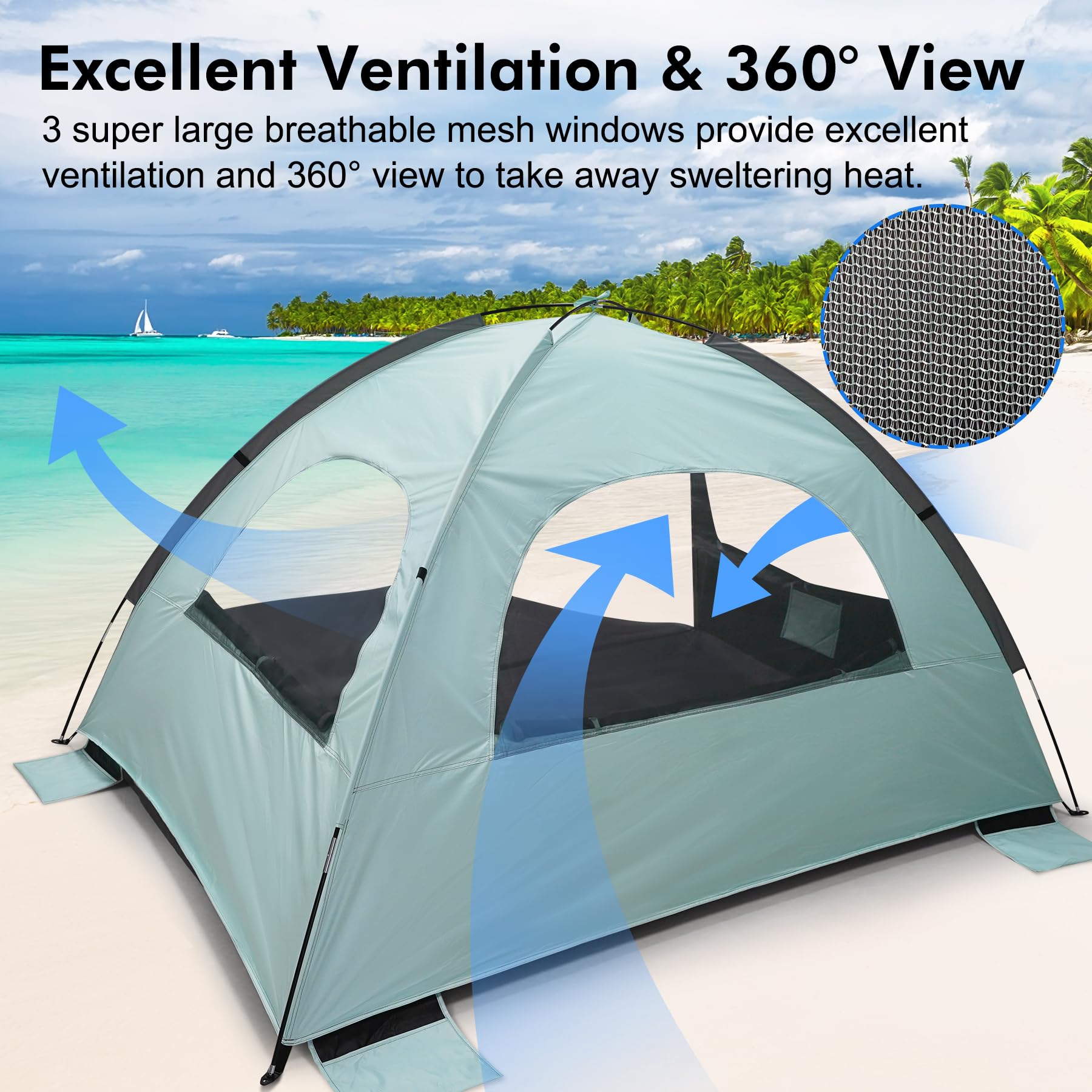 WhiteFang Tienda de campaña de Playa portátil Anti-UV para 3/4/6 Personas, Suelo Extensible con 3 Ventanas de Malla de ventilación más Bolsa de Transporte, estacas y Cuerdas tensoras