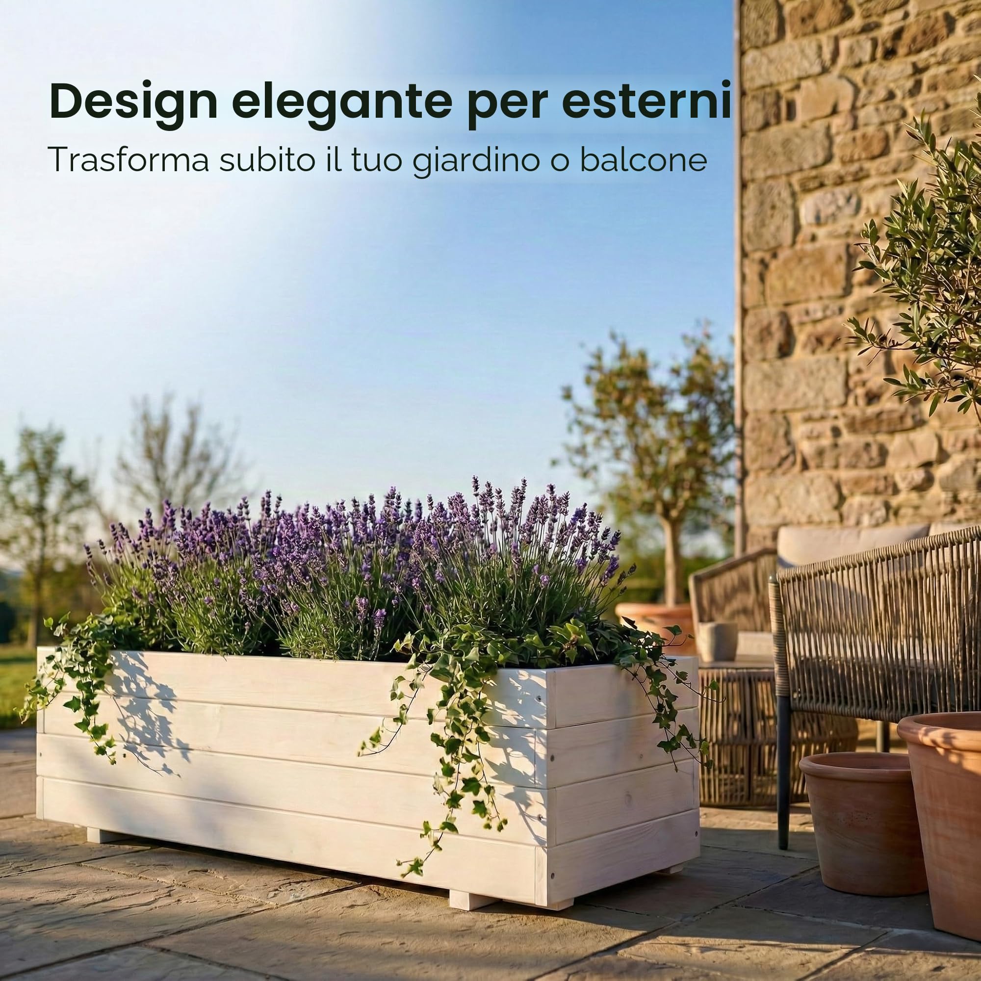 Fioriera in legno per esterni, grande, rettangolare, in legno FSC, 120 x 40 x 32 cm, bianco