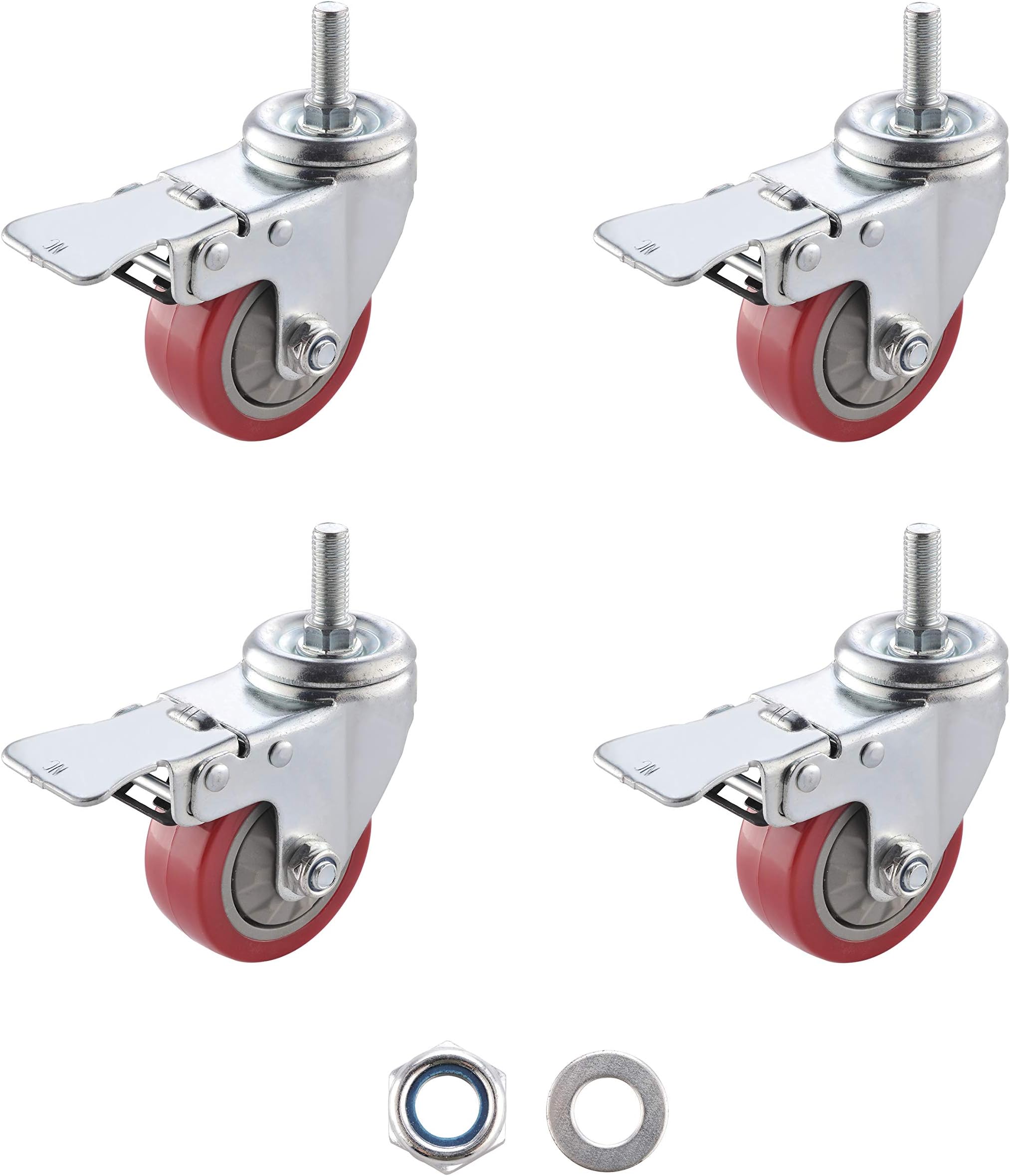 SungMi 4 Pack 3" Heavy Duty Caster Wheels PVC Threaded Stem Swivel Casters with 360 Degree (4 with Brakes) Nuts Included SM-AMS-240008