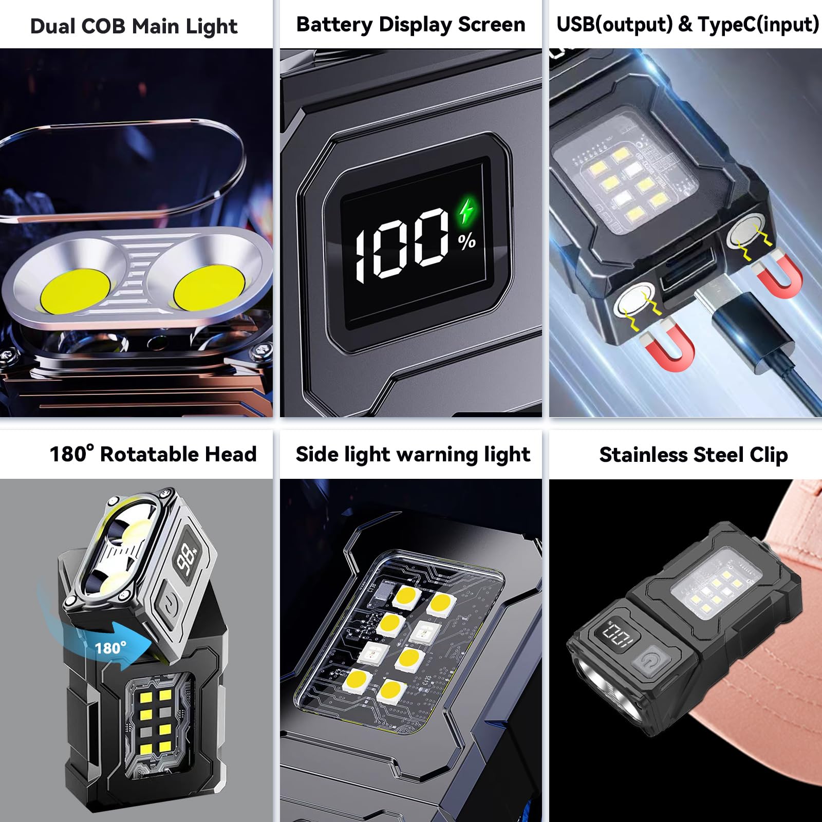 Confezione da 10 torce con clip a clip, ad alta luminosità, con base magnetica, ricarica USB-C, emergenza, attività all'aperto, campeggio, cane da passeggio