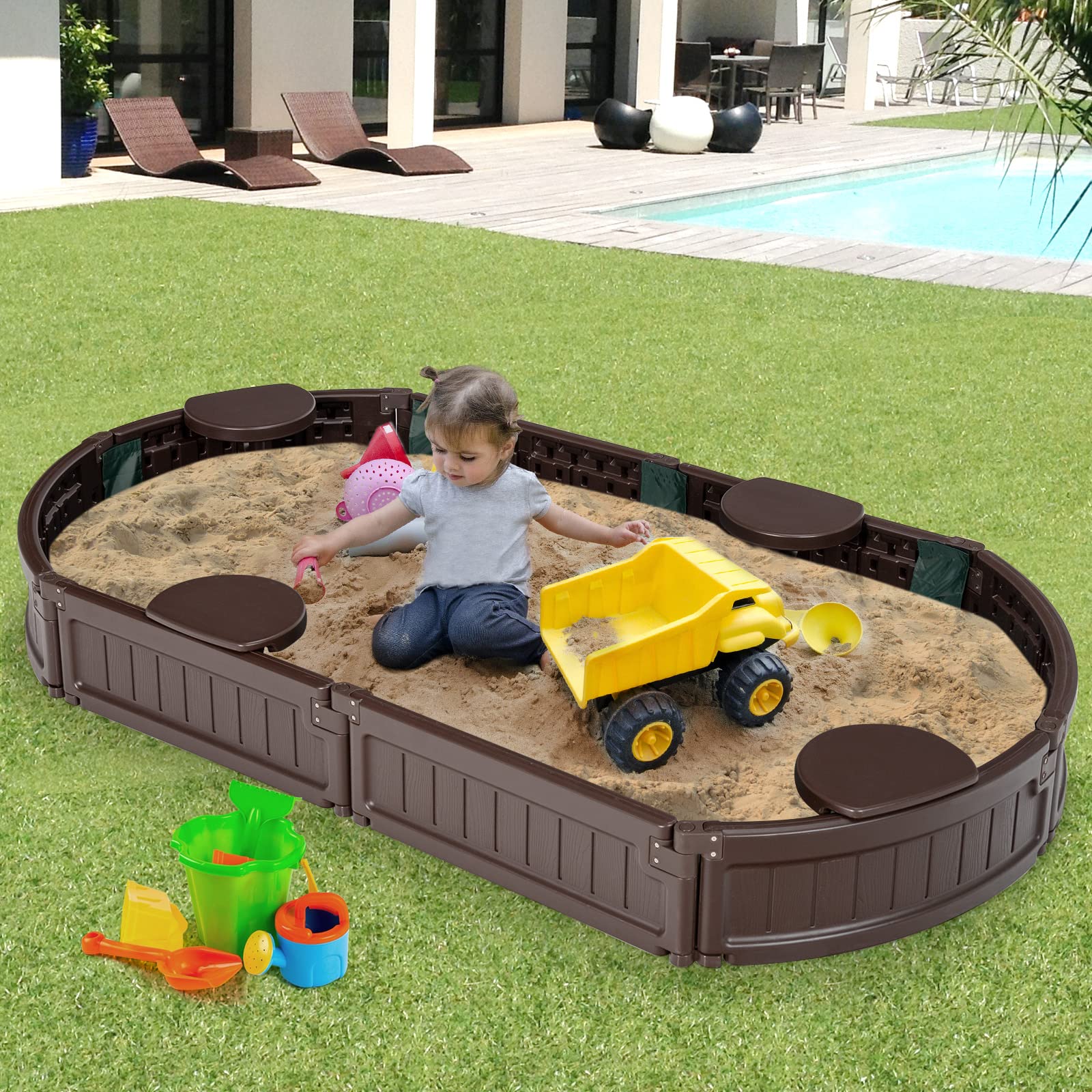 COSTWAY Sandbox Sandkasten mit wasserdichter Abdeckung und Bodenauskleidung, Outdoor Sandkiste Platz für 4 Kinder 183x105x21cm