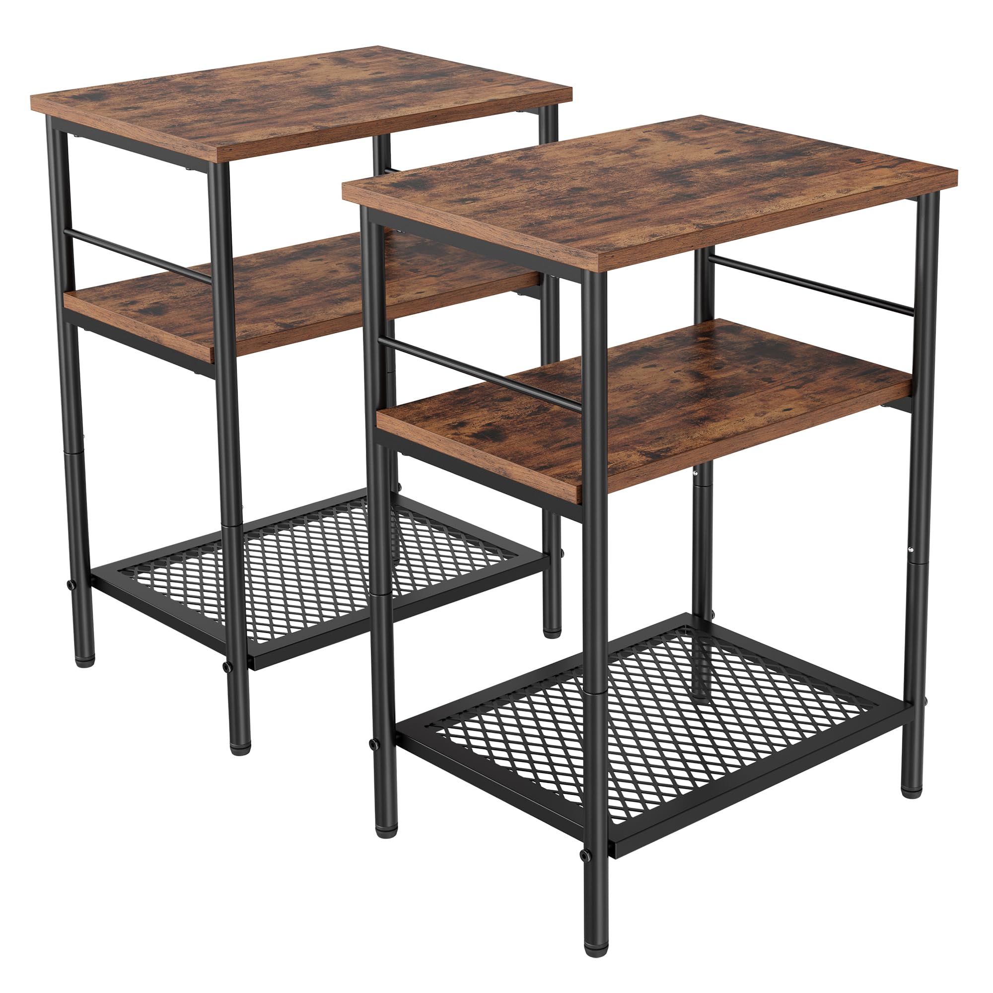 Waissdea 3-Tier Side Table, Set of 2 Nightstands, End Tables with Vinyl Record Storage, Modern Wood Grain Finish with Metal Frame End Tables for Living Room, Bedroom and Office WST003BK02