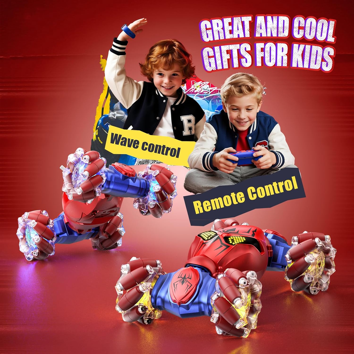 V993 Stunt RC Car, 4WD Spider Remote Control Car with Gesture Sensing & 2.4Ghz Remote. Crab Walking, 360° Drifting, LED Lights. All-Terrain Toy Gift for Boys Girls Ages 8-14