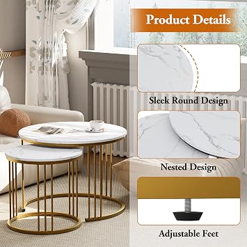 Round Coffee Tables, Set of 2 End Table, Nesting Tables, Side Table with Metal Frame for Living Room/Bedroom/Balcony/Office/Apartment, Diameter 23.6/15.7 IN (Gold Frame, White Marble Finish Top)