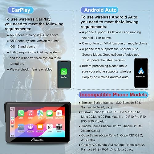 Carpuride W702 Moto Carplay Schermo,Senza Fili CarPlay & Android Auto | Portatile 7 Pollici Impermeabile Touchscreen ,Bluetooth Trans, Navigazione GPS, Siri. - 6