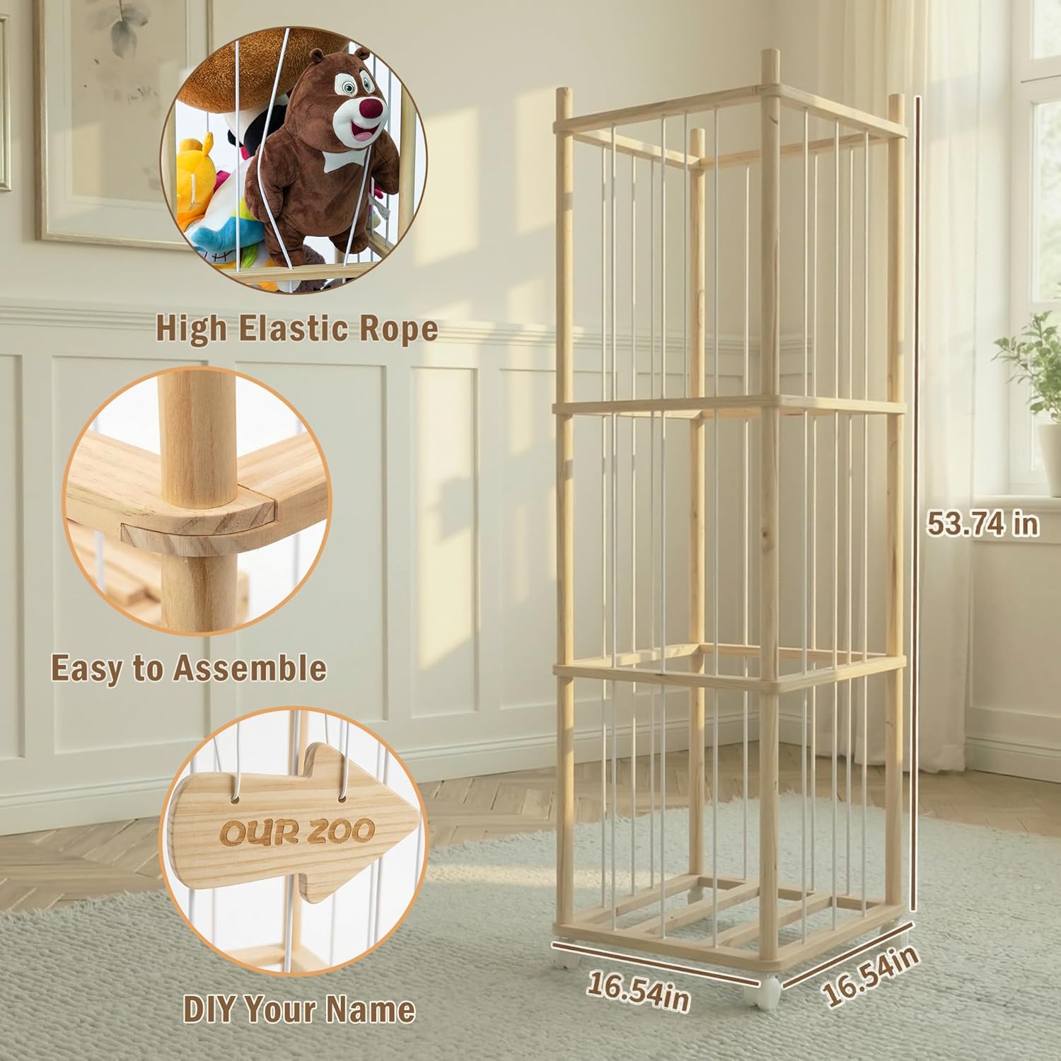 Wood Stuffed Animal Zoo Storage with Brake Wheels, Space Save Organizer, Large Capacity Stuffed Animal Holder, Gift for Nursery Playroom Kidroom Bedroom