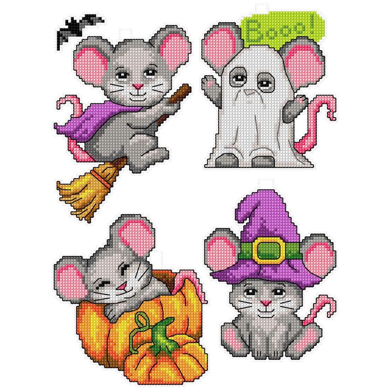 Counted Cross-Stitch Kit on Plastic Canvas with Halloween Mouses. 4 Allhallows Eve Ornaments Different Dimensions. 14 Count Plastic Canvas Sheets
