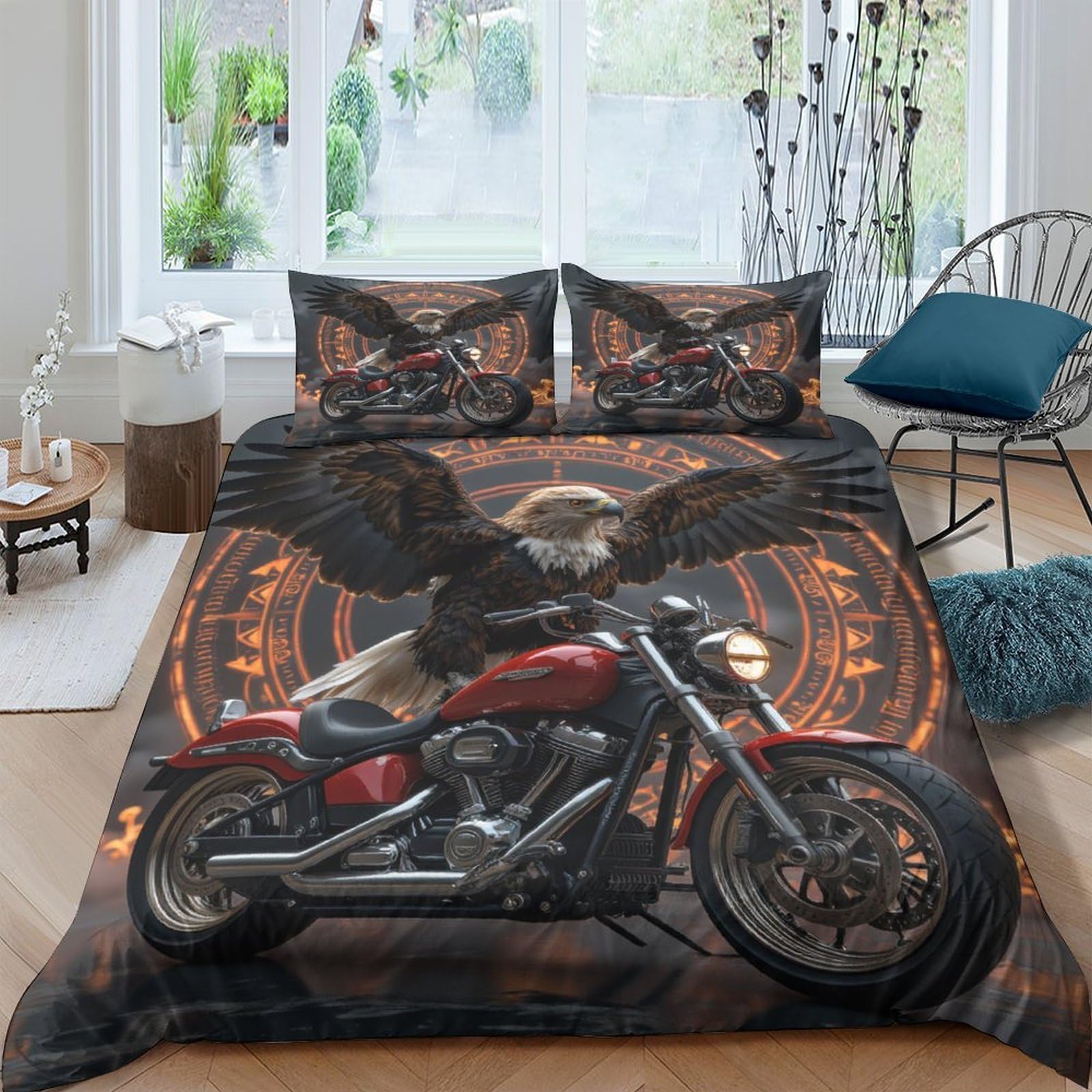 Ctjqhvkz Style-1 3D Printed Motorcycle Eagle Fitted Sheet Microfiber Black Orange Bed Cover For Bedroom Dorm Bed Protection Decor Single（135X200cm）