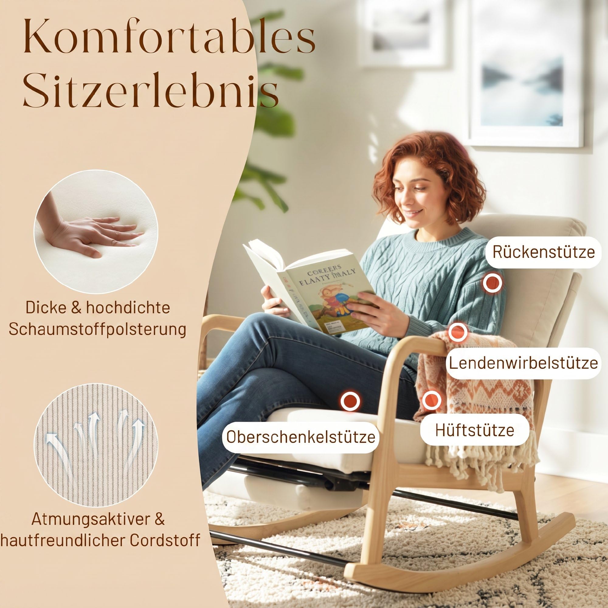 HOMCOM Schaukelstuhl mit Fußstütze, Verstellbarer Rückenlehne, Creme | Schaukelsessel, Lendenkissen, Relaxstuhl mit Holzfüßen, Cord-Optik, Skandinavischer Schwingsessel, Wohnzimmer, Schlafzimmer