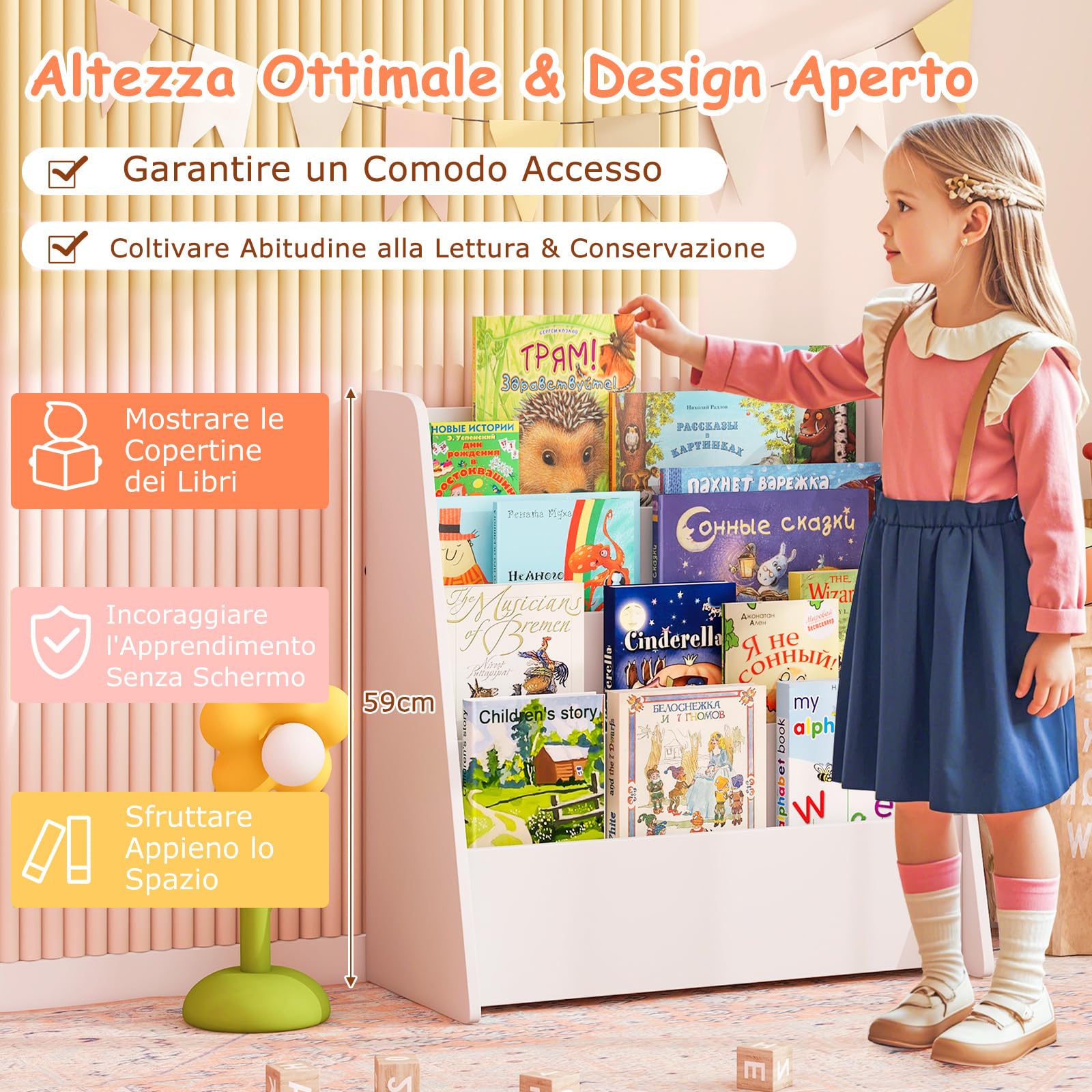 COSTWAY Libreria Montessoriana per Bambini, Scaffale a 4 Ripiani Aperto in Legno con Spazio Nascosto sul Retro, Porta Libri per Cameretta, Stanza dei Giochi e Aula, 57,5 x 26,5 x 59 cm (Bianco)