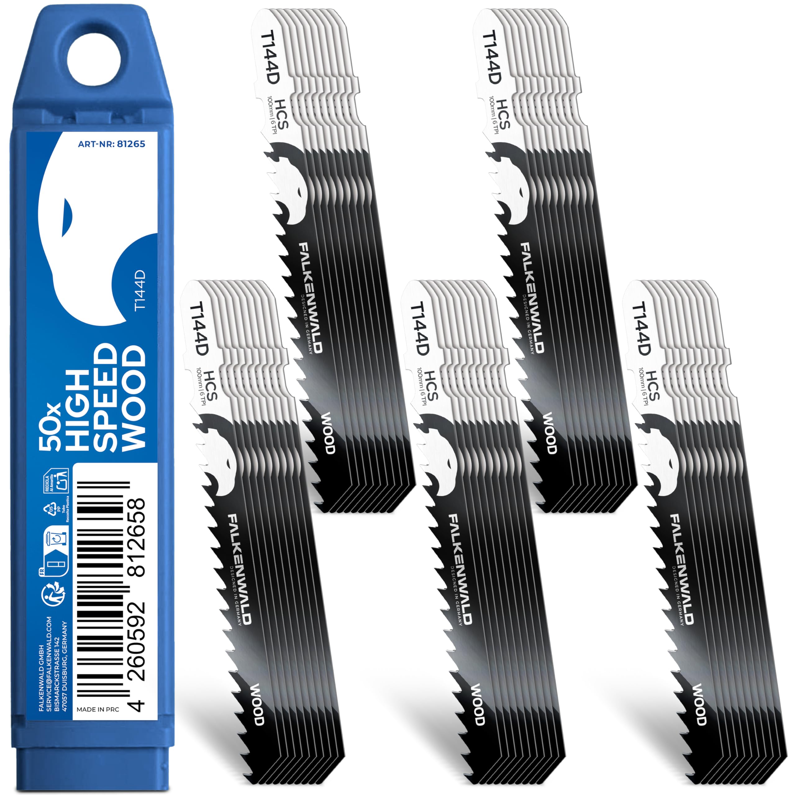 FALKENWALD® Stichsägeblätter Holz 50x T144D - High Speed Wood - 100 mm Länge, 4 mm Zahnteilung - Für Weichholz, Hartholz, OSB, MDF & Laminat - Passend für Bosch & alle T-Schaft Stichsägen