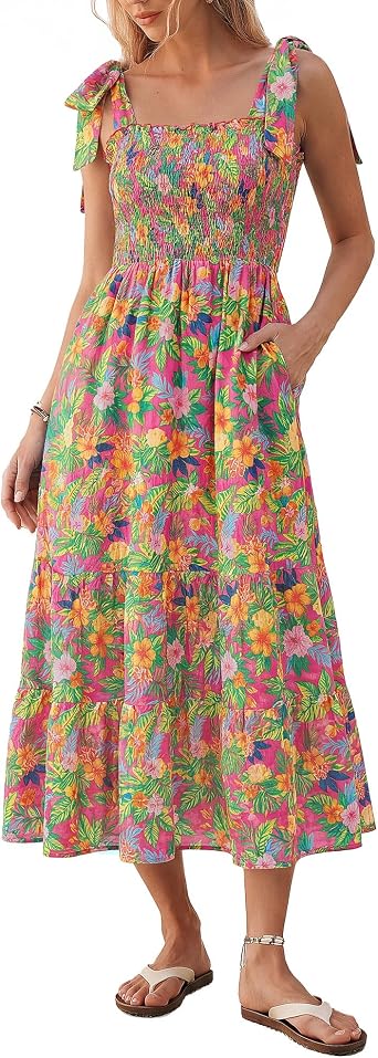 Kate Kasin Ladies Summer Dresses Boho Floral Smocked Maxi A-Line Dress Women's Casual Dresses for Beach Party Wedding Holiday