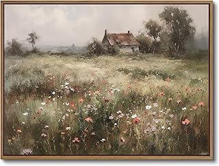Vintage Wildflower Field Wall Art Rustic Old Cottage Canvas Painting Prints French Country Nature Scenery Pictures Wall Decor Framed Artwork for Farmhouse Bedroom Living Room Decoration - 12x16 Inch