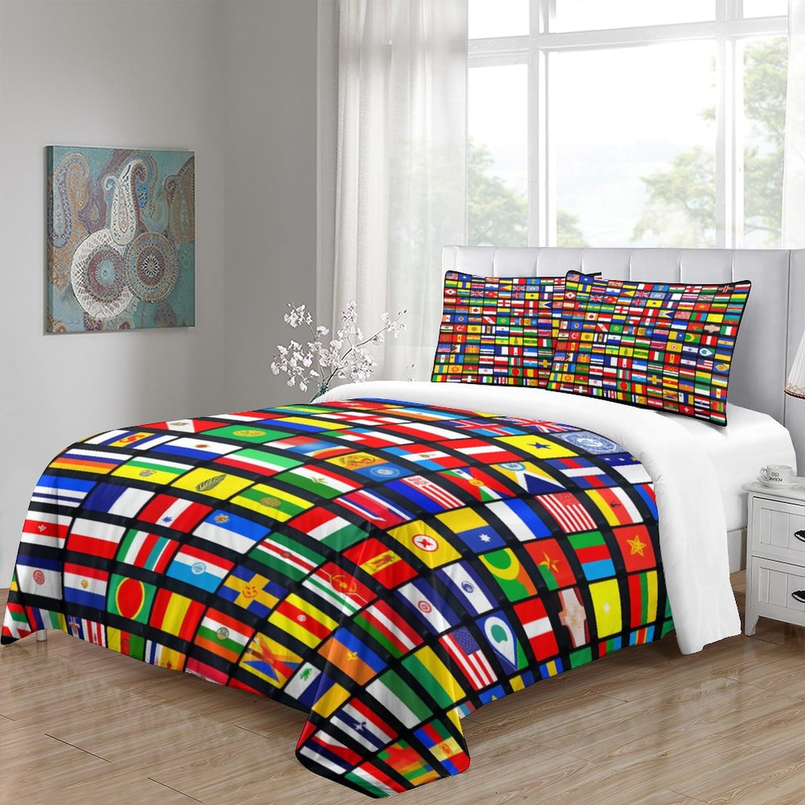 Kinder Bettwäsche-Set Flaggen Welt 3D – 155x220 Cm Bettbezug + 2x 80x80 Cm Kissenbezüge, Mikrofaser, Weich, Mit Reißverschluss
