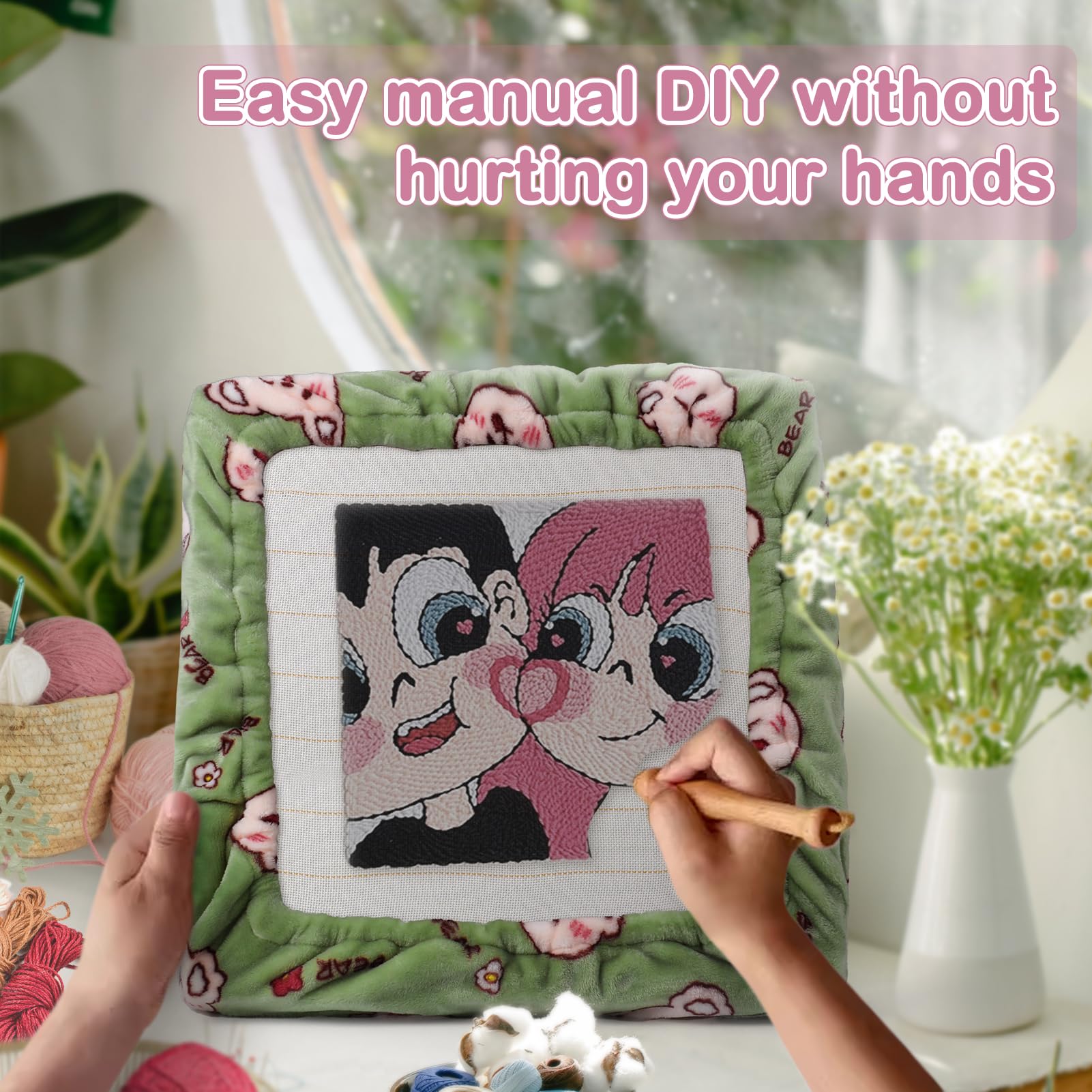 Punch Needle Frame With Gripper Strips - 19.7x19.7" Hoop With Flannel Cover & Monks Cloth For Rug Hooking