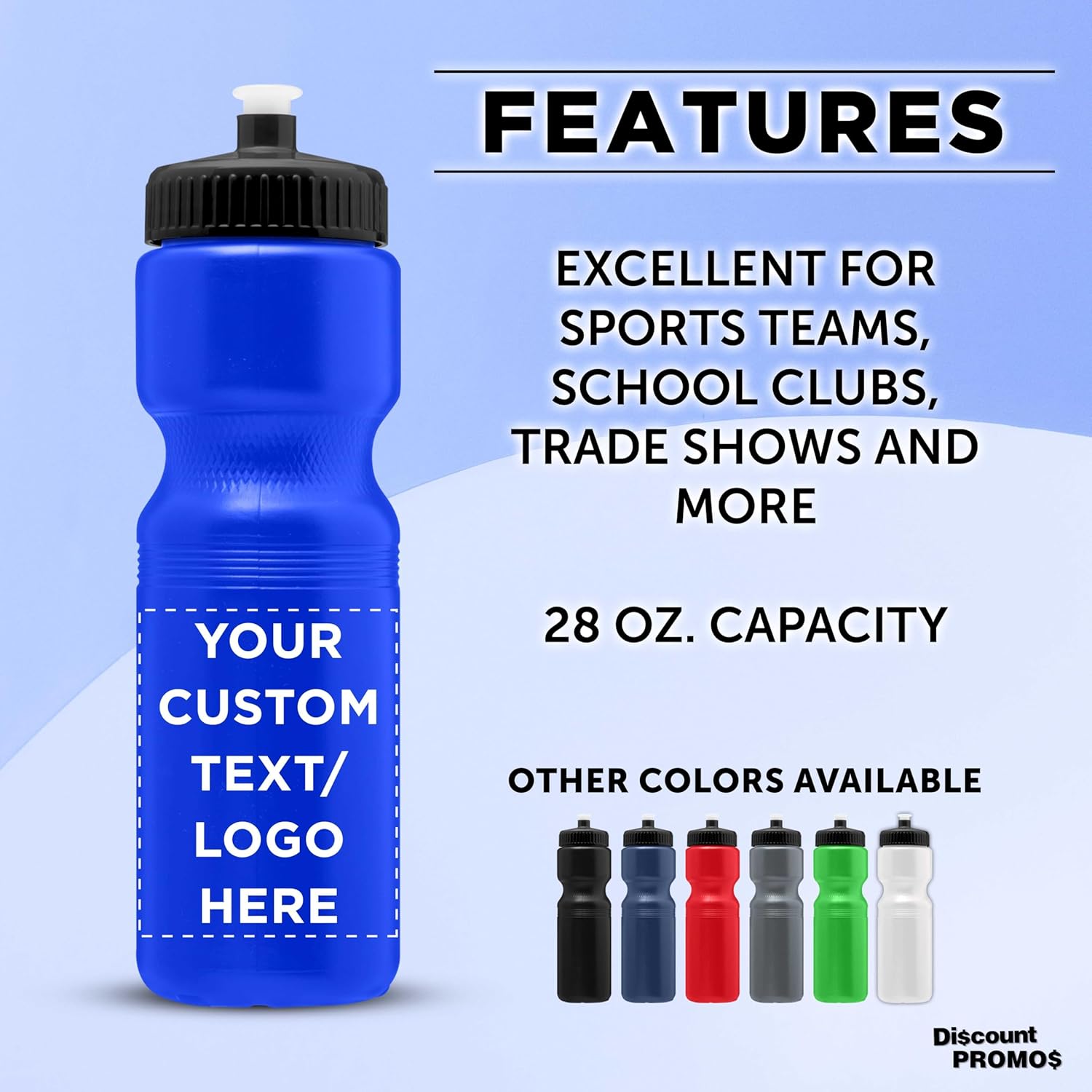 DISCOUNT PROMOS 28 oz. Custom Push Cap Plastic Water Bottles Set of 10/50/100, Personalized Bulk Pack - Perfect for Gym, Hiking, Camping, Outdoor Sports - Reflex Blue