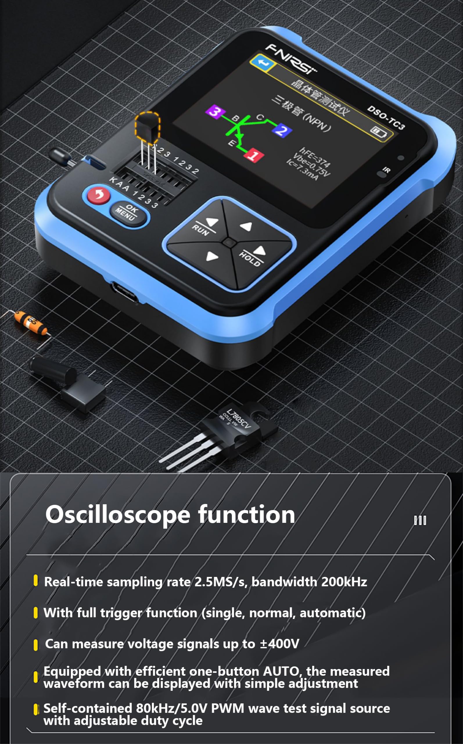 WANGCL TC3-3 en 1 Osciloscopio portátil de Mano ESR Tester Pantalla TFT de 2.4 "Mini osciloscopio Digital de 1500 mA - Ancho de Banda de 200 KHz y tasa de muestreo de 2.5 MS/S