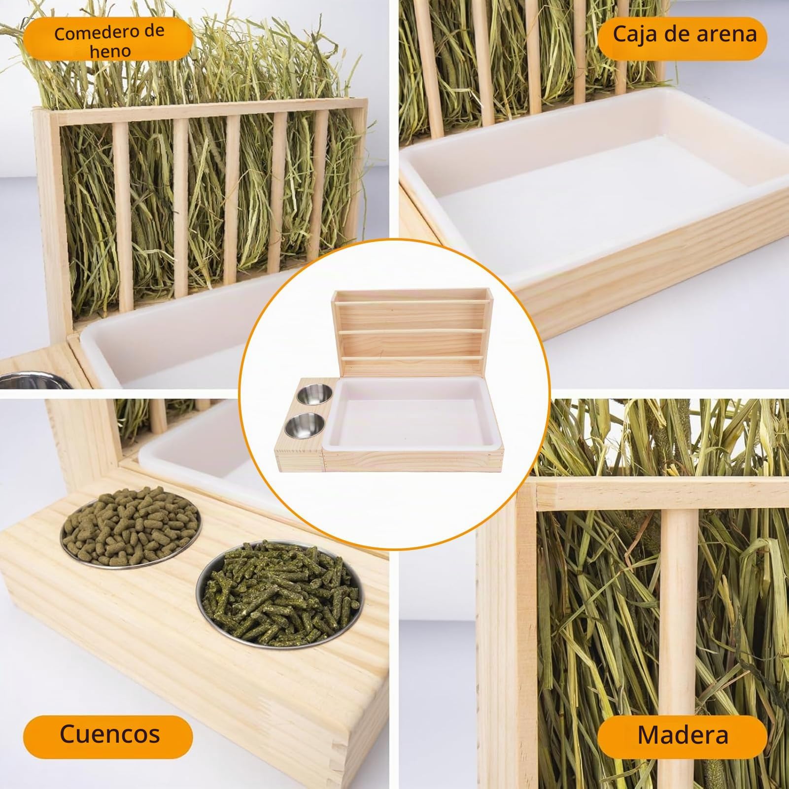 Comedero 3 En 1 para Conejos: Incluye Henil Arenero y Comedero Todo En Una Práctica Unidad Dispensador de Comida para Conejos Gran Capacidad Estructura Antivuelco
