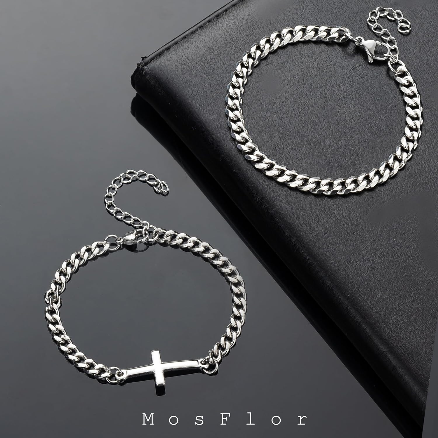 Cross Bracelet for Men, Silver/Gold/Black Mens Cross Bracelets Stack Stainless Steel Cuban Link Chain Bracelet Set Non Tarnish Adjustable Chunky Mens Jewelry Gifts for Men Dad Him Father's Day - Image 7