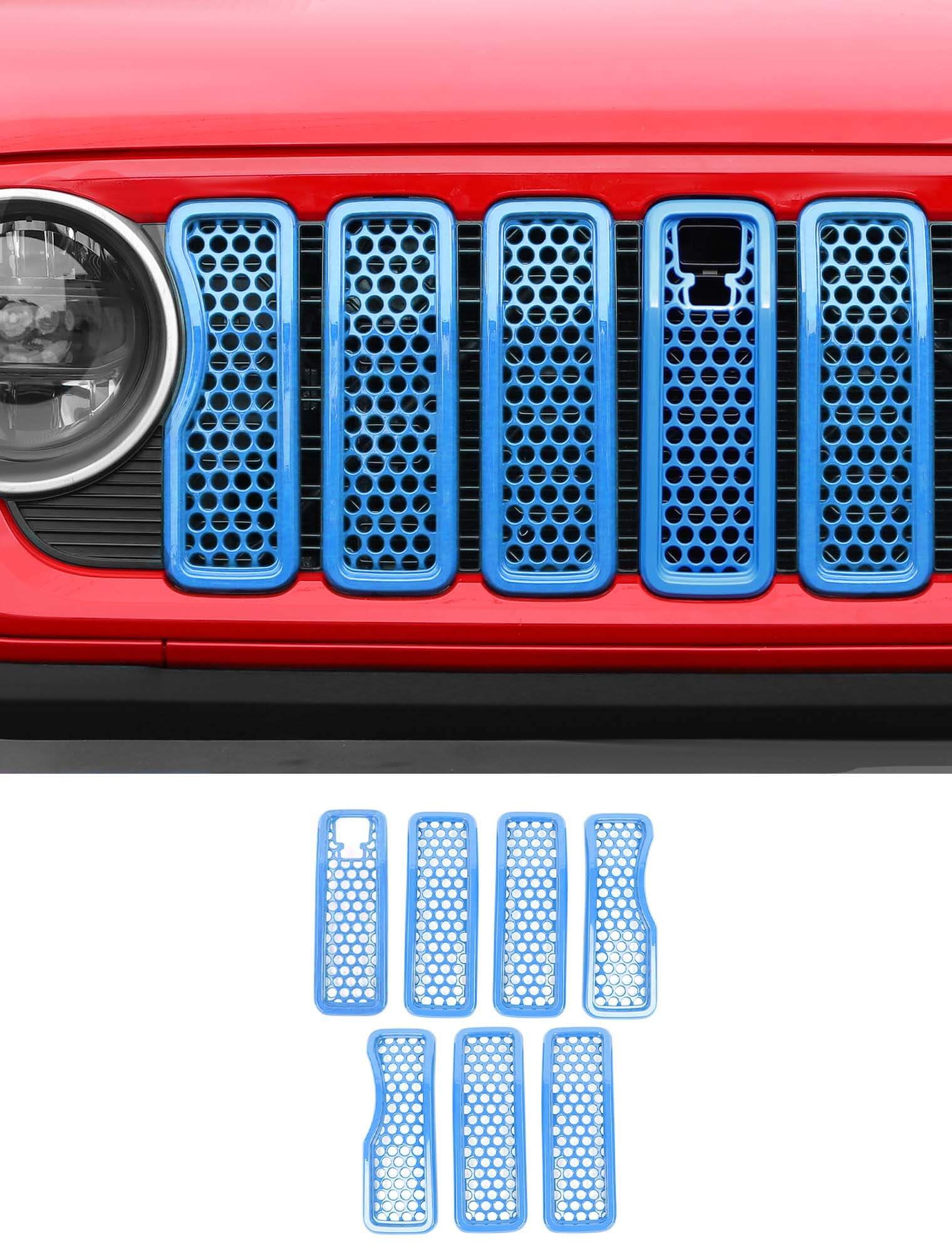 Savadicar Front Grill Inserts with Camera Slot for 2024+ Jeep Wrangler JL 4XE &amp; Gladiator - Elevate Your Wrangler's Aesthetics with Mesh Grille Cover Guard, Exterior Trim Accessories, 7PCs, Baby Blue