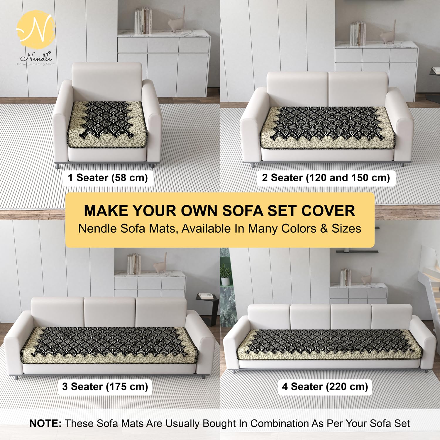 Nendle Luxurious Cotton Sofa Cover Mat Set for 5 Seater Sofa (3+1+1), Polka Dot Design Furniture Protector Cover, Machine Washable Sofa Seat Cover for Living Room (Black, 3 Pieces) 2