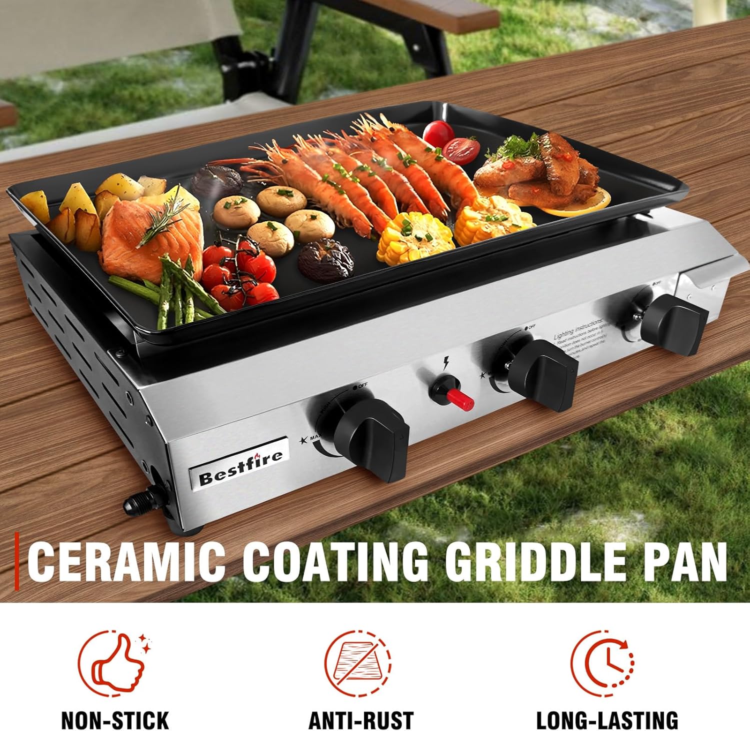 Image highlighting the non-stick, anti-rust, and long-lasting features of the ceramic coating griddle pan