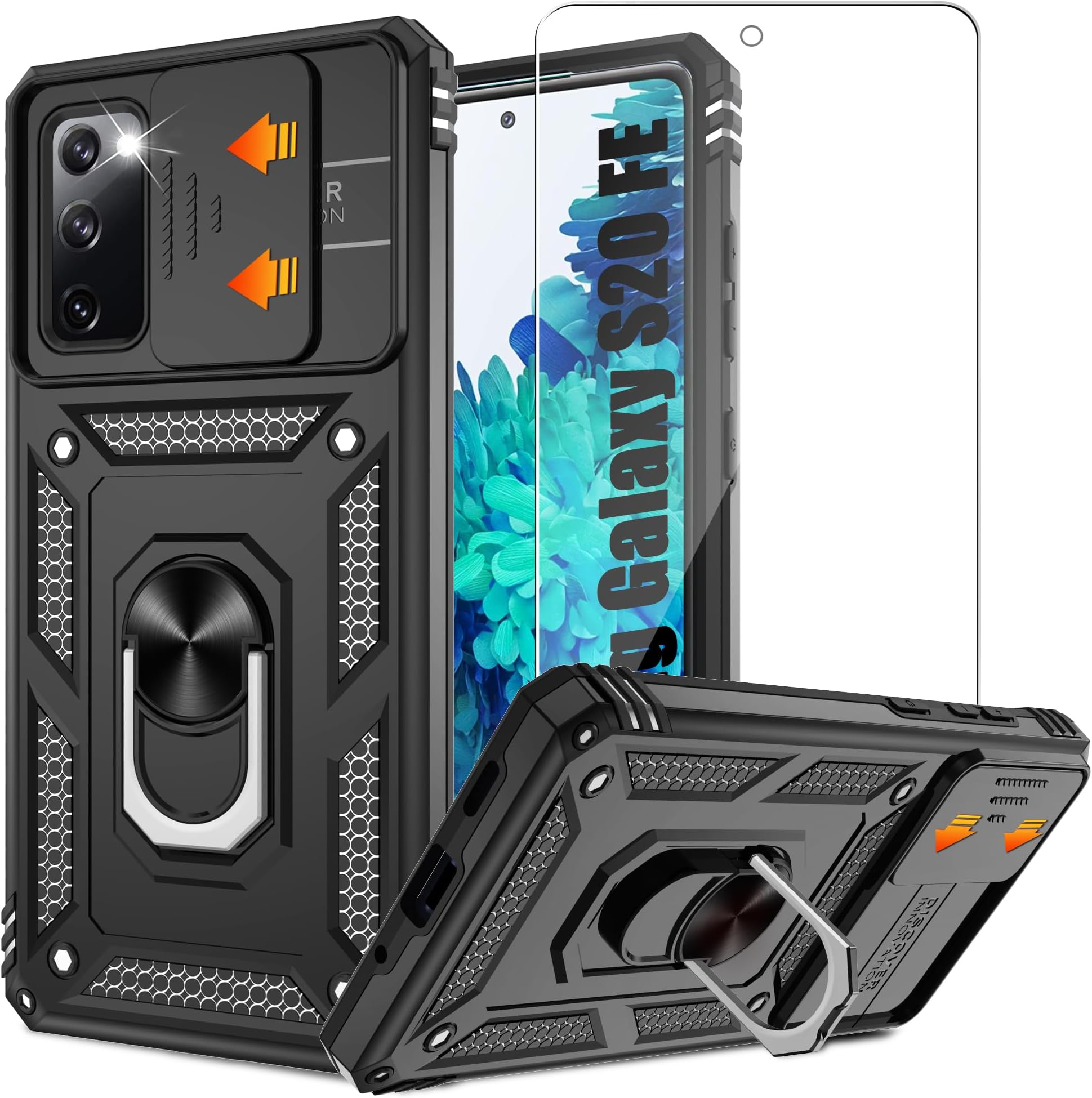 ATUMPfor Samsung Galaxy S20 FE Case with HD Screen Protector, Build in Ring Stand [Military Grade] Protective Case for Galaxy S20 FE 5G Case,Black
