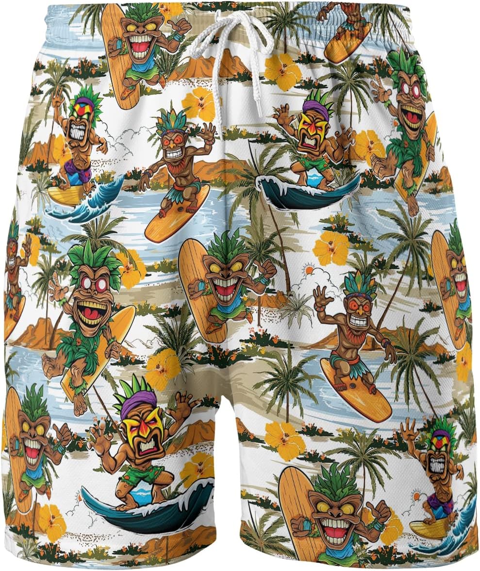 Tropical Summer Men's Quick Dry - Tiki Mask Hawaiian Shorts for Men - Beach Tiki Shorts Swim Trunks Set 7 (TND-LN-7)
