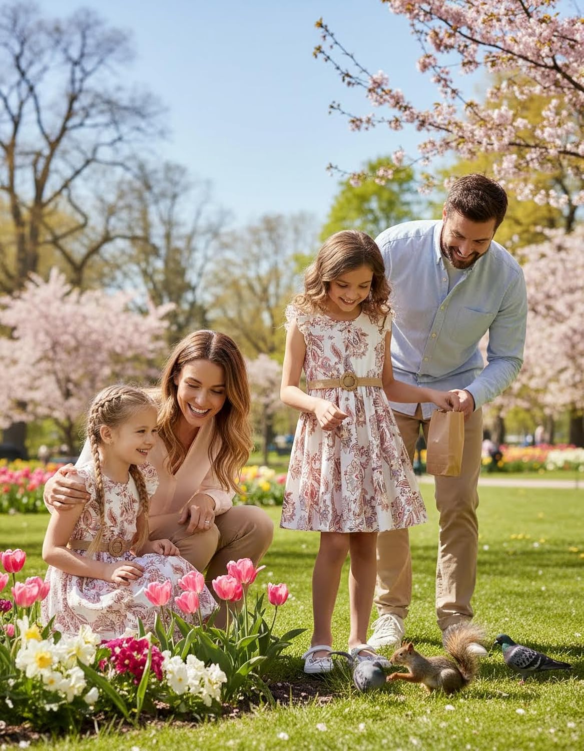 PATPAT Little Big Girls Dress Vintage Boho Floral Ruffle Short Sleeve Casual Swing Dress with Braided Belt - Image 2