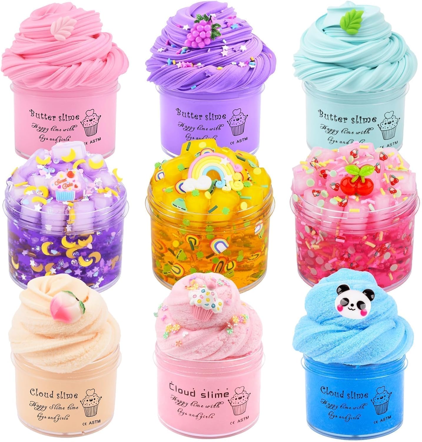 Slime Kit 9 Pack, with 3 Jelly Cube Crunchy Slime and 3 Cloud Slime and 3 Butter Slime, Soft and Non-Sticky, DIY Toys for Girls Boys, Kids Party Stress Relief Toy, Birthday Favor, Surprise Gift