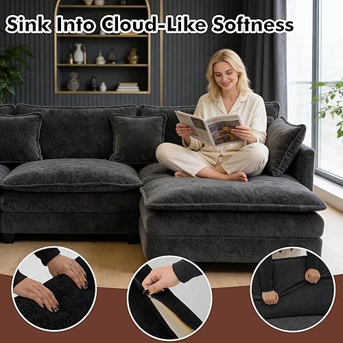 Miniatura 4 de Sofá seccional, cómodo sofá modular de nube, sofá modular de asiento profundo, sofás modulares para sala de estar, dormitorio (negro, 2 asientos + 1