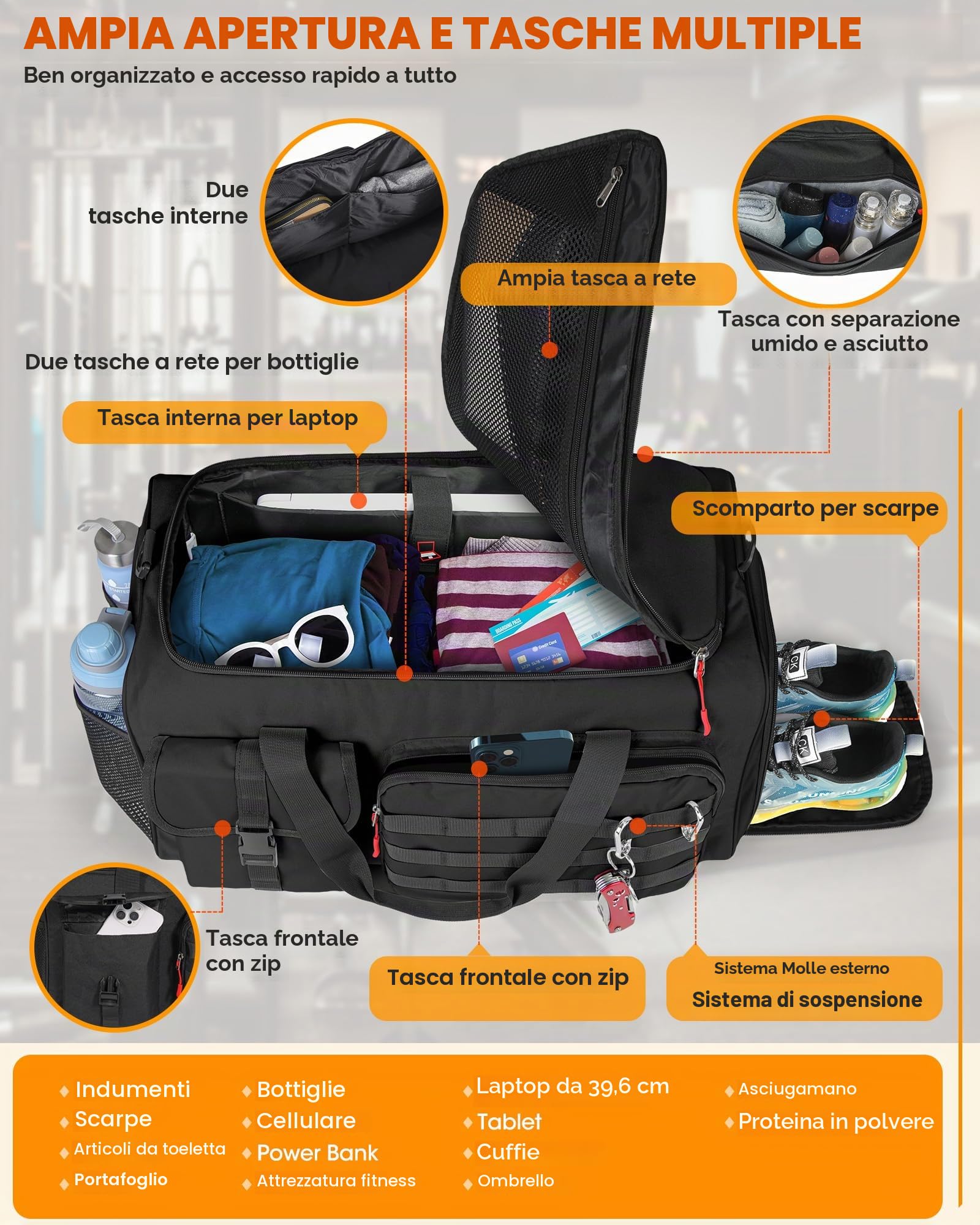 RAINSMORE 3 in 1 Borsone Palestra Uomo Donne Borsa Sportiva 45L Borsone Da Viaggio Grande Bagaglio a Mano con Scomparto Scarpe e Laptop Funzione Zaino