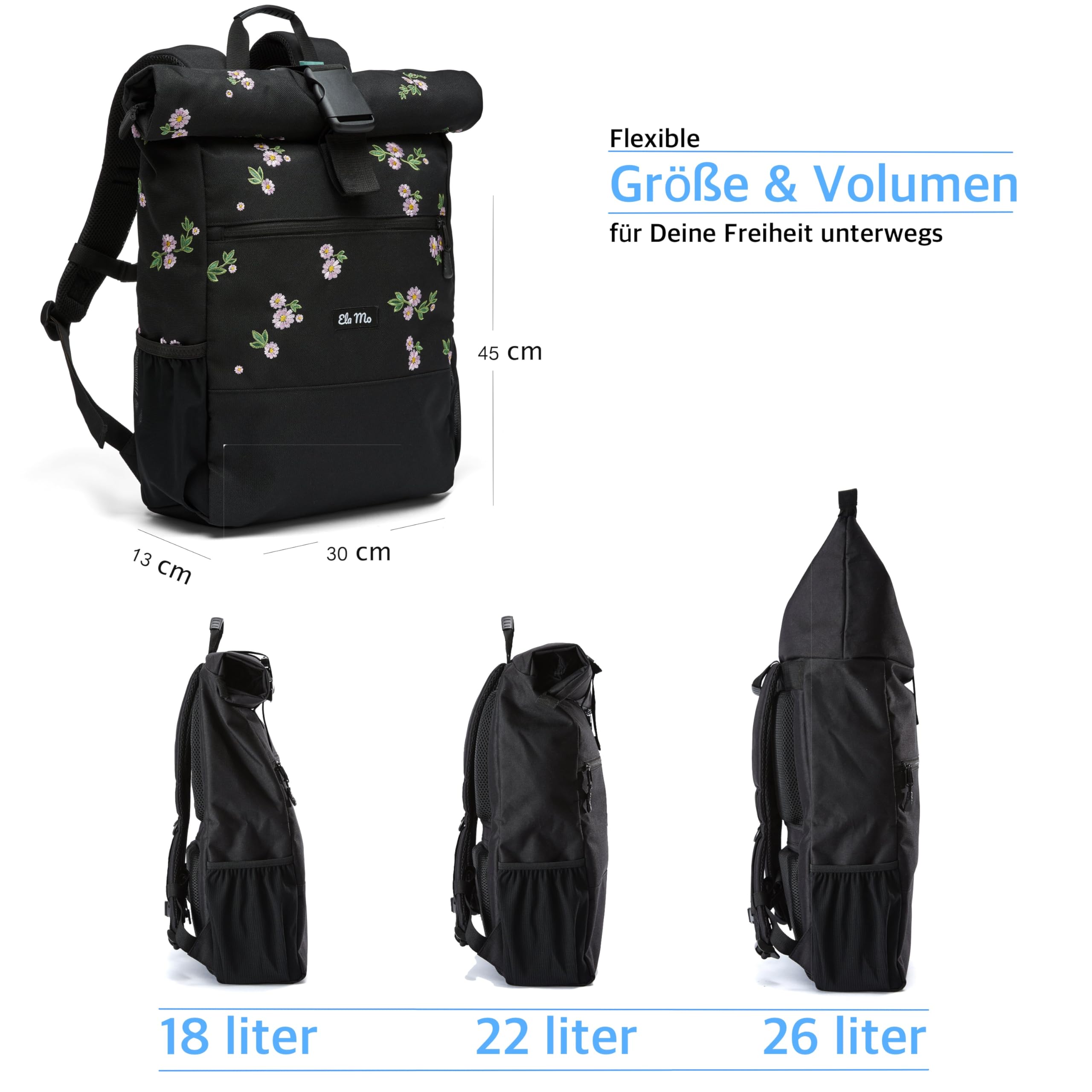 Ela Mo® Rolltop Rucksack Damen - Rollrucksack Anti Diebstahl für Sport & Reisen - Laptoprucksack für Schule, Uni, Business - Mit USB Anschluss & kompaktem Flaschenhalter - Upsy Daisy