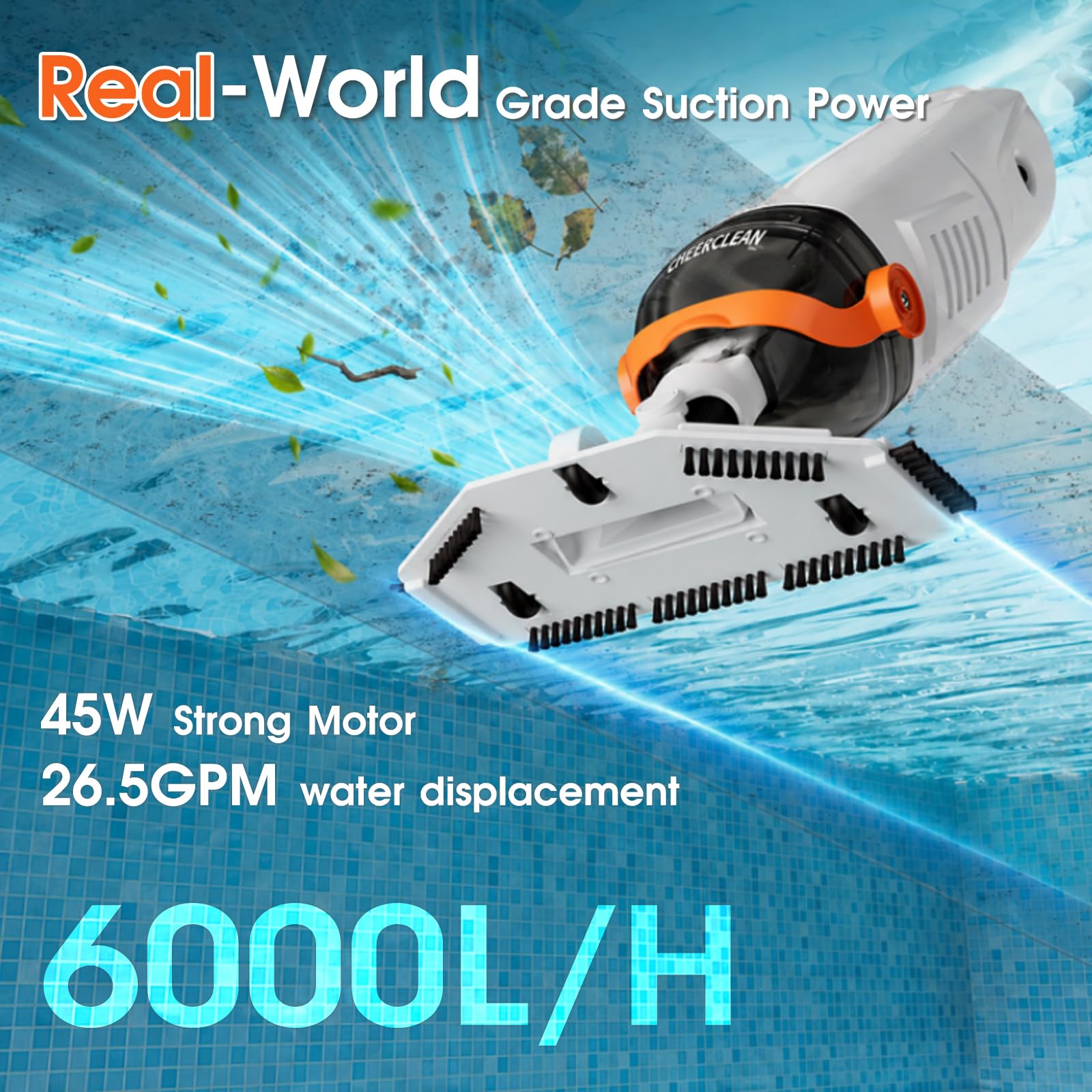 Aspiradora de mano inalámbrica para piscina, spa y jacuzzi, succión de 26.5 GPM, 251 cm, tiempo de funcionamiento de 1 hora, control direccional, limpiador de piscina recargable para piscinas sobre el