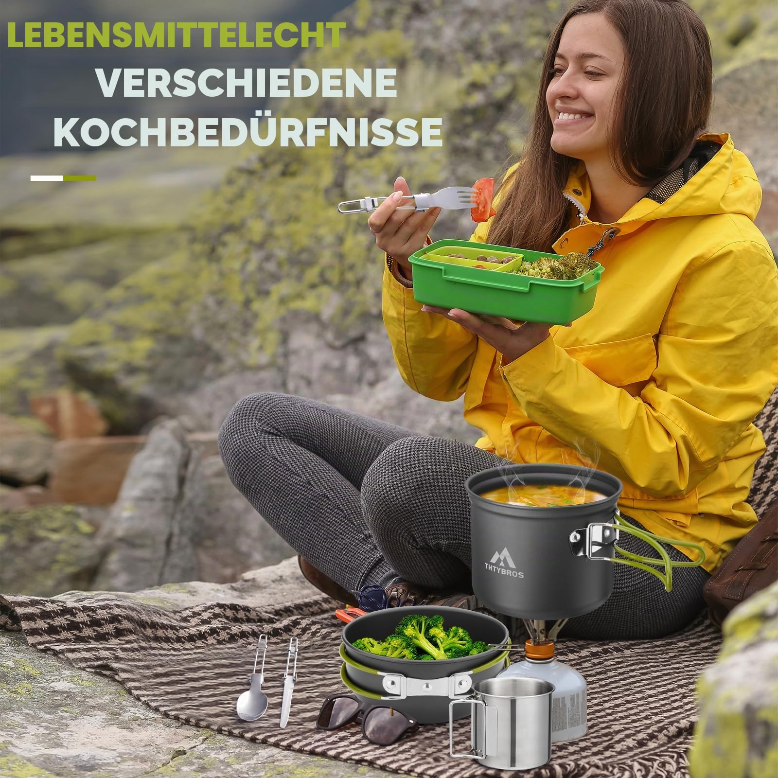 Outdoor Kochgeschirr Set Camping – 1,25 L Topf & 0,65 L Pfanne mit 0,3 L Edelstahlbecher – Leichtes, Robustes Trekking Kochset mit Besteck für Wandern, Backpacking, Picknick & Solo Camping