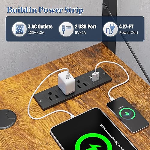 Miniatura 7 de Escritorio para juegos en forma de L con luz LED y toma de corriente, escritorio de oficina reversible en forma de L de 53 pulgadas con estante y