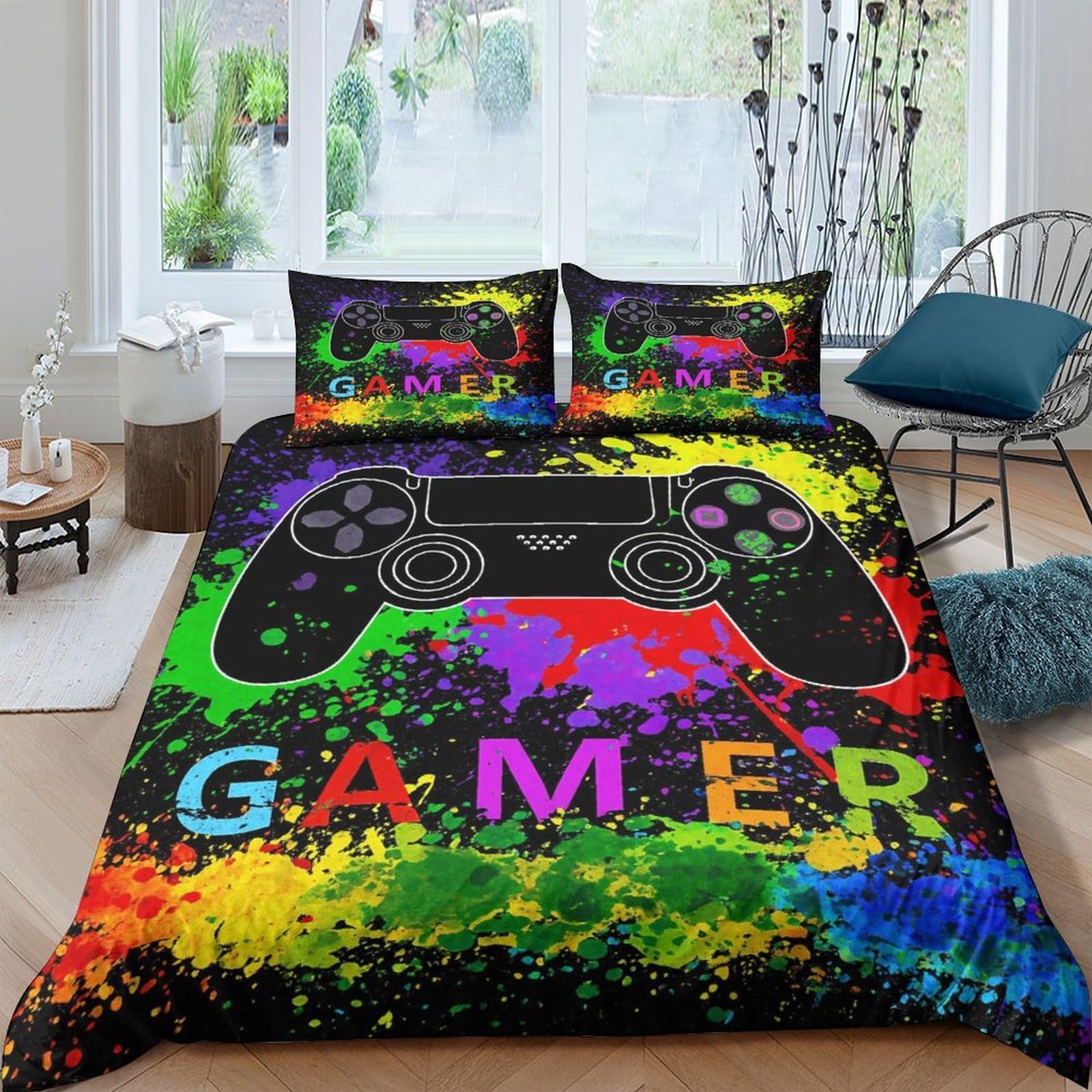 Ctjqhvkz Style-9 3D Printed Graffiti Gamepad Fitted Sheet Microfiber Colourful Controller Bed Sheet For Bedroom Dorm Mattress Cover Decor Single（135X200cm）