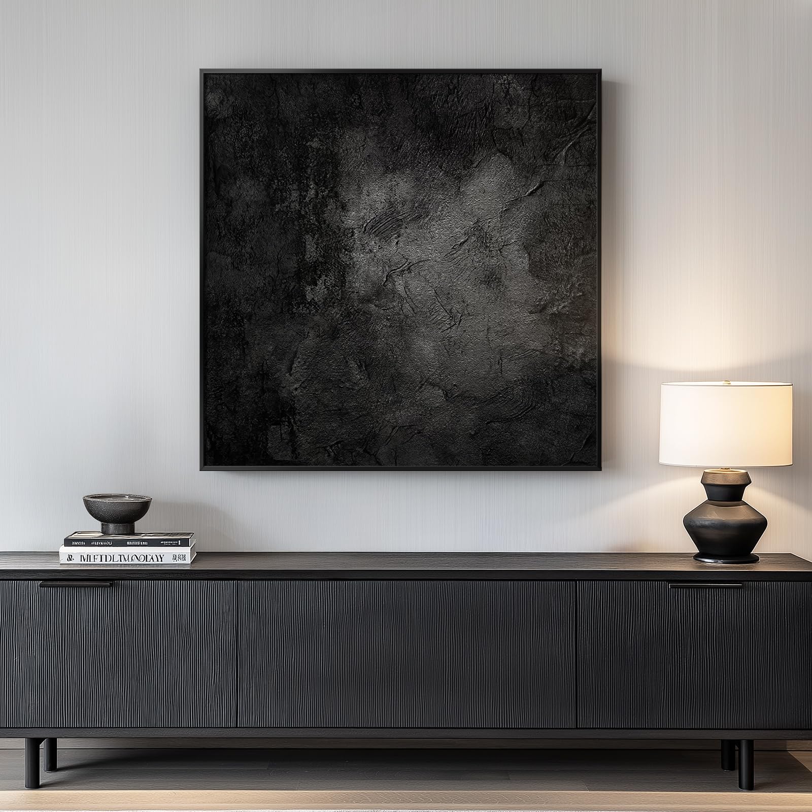 framed black abstract wall art, modern canvas prints paintings artwork for walls, square minimalist all black pictures for living room, hallway, fireplace, bedroom, office, bathroom wall decor