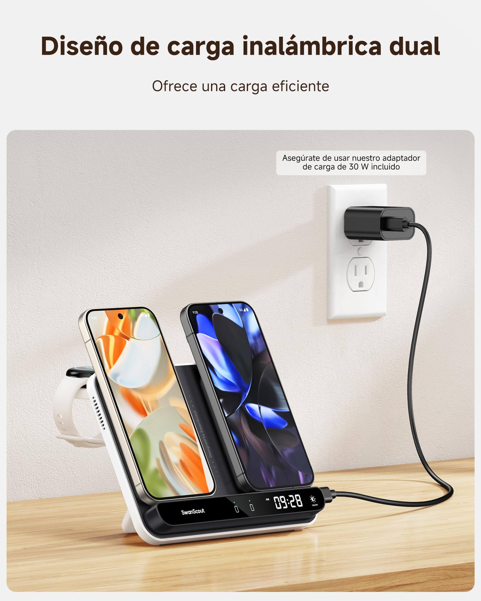 SwanScout Cargador Inalámbrico para Pixel Watch 3/2/Fitbit Versa 4/3/Sense 2 (No para Google Watch 4/1), Estación de Carga Dual para Google 9 Pro Fold/9 Pro XL/9 Pro/9a/9/8/7/Buds, SwanScout 710G2