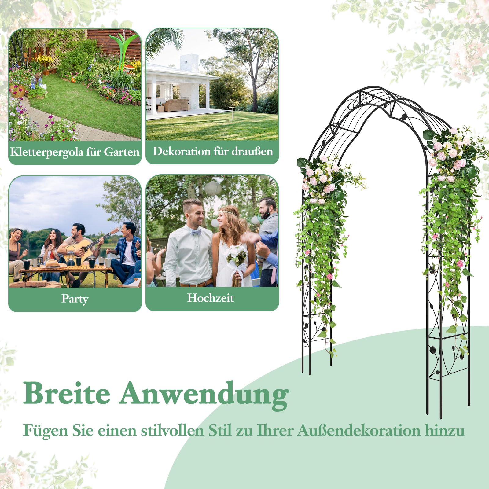 RELAX4LIFE Rosenbogen Aus Metall – Rankbogen 234 Cm, Schwarz, Wetterfest, Mit Erdspießen