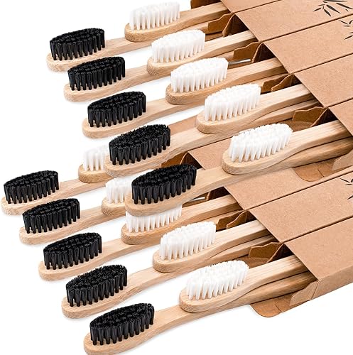 Cepillos de dientes de bambú con cerdas medianas para adultos, paquete de 20 cepillos de dientes familiares a granel, cepillo de dientes de madera