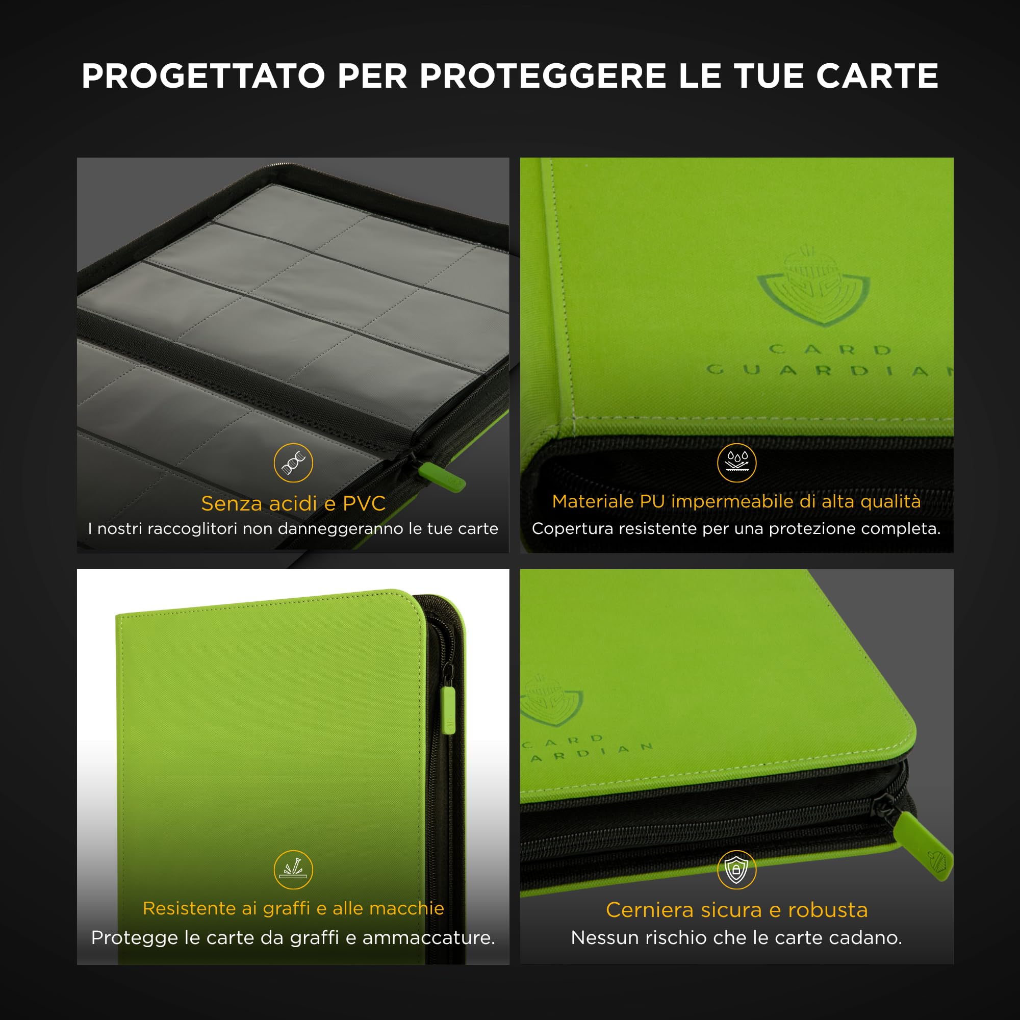 Card Guardian - Raccoglitore Premium 9 tasche con cerniera per 360 carte - Tasche di caricamento laterali per giochi di carte collezionabili TCG (Verde Lime)