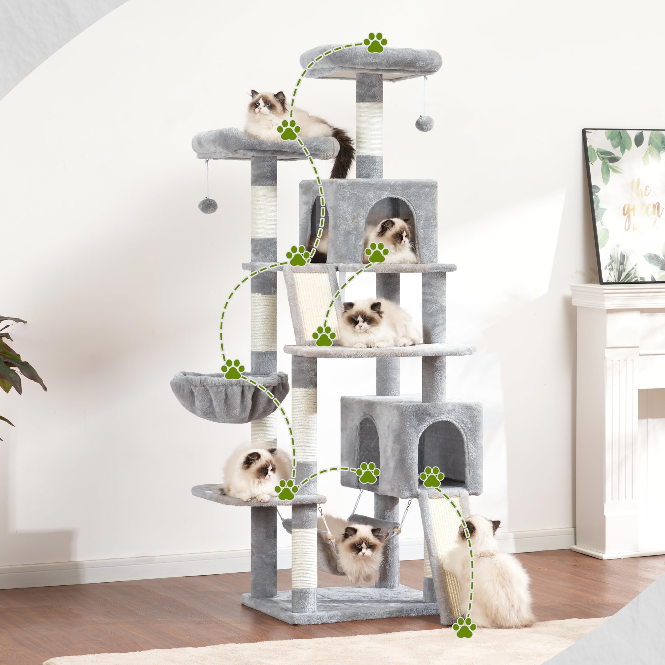 Gitelsnour Arbre à Chat, Tour de Jeux pour Chats de 180cm, Tour à Chat Interieur avec 2 griffoirs, 7 poteaux à griffer, 2 perchoirs, 2 Lits pour Chat en Peluche, hamac, Gris Clair GCT032W