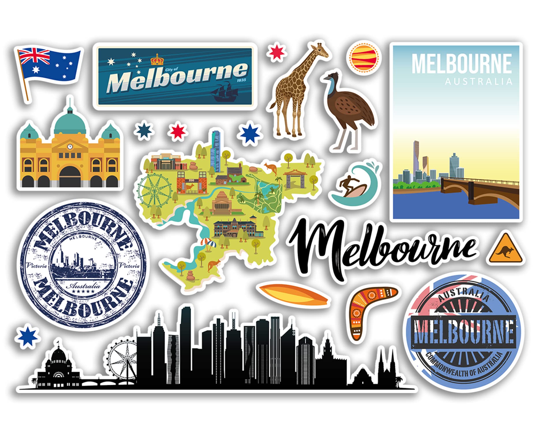 Dv Design Multi A5 Sticker Sheet Melbourne Landmarks Vinyl Stickers - Australia Airport Stamps Skyline Flag Map Travel Holiday Scrapbooking City Luggage #79139
