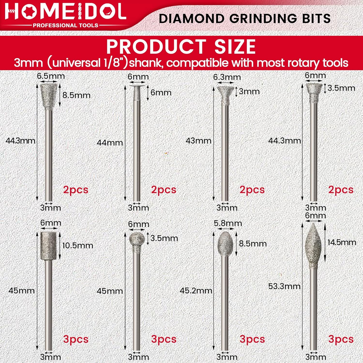 20PCS Stone Carving Set Diamond Burr Bits, HOMEIDOL Diamond Grinding Bits Suitable for Dremel Polishing Kit Rotary Tools Accessories with 1/8" Shank for Carving, Engraving, Grinding, Stone, Glass