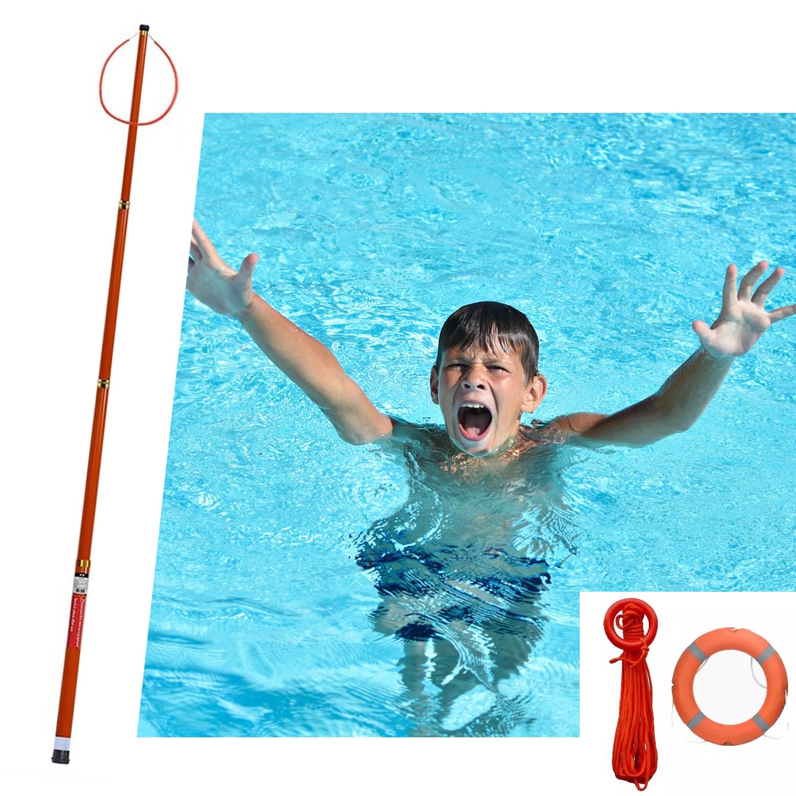 Oracra Pool Safety Hook Swimming Pool Life Saving Hook and Pole, 1.2-6.5m Adjustable Pool Safety Hook with Life Ring & Rope, Rescue Rescue Hooks for Drowning Swimmers