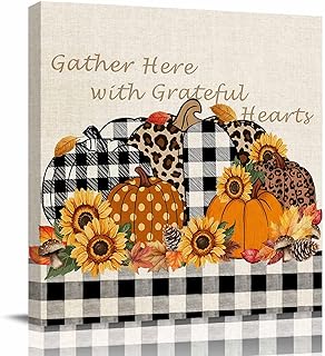 Fall Pumpkins Wall Art Decor for Living Room Bedroom Kitchen Office Hotel, Thanksgiving Sunflowers Farmhouse Check Wooden Framed Canvas Picture Oil Painting with Wrapped Design - Ready To Hang 28"x28"
