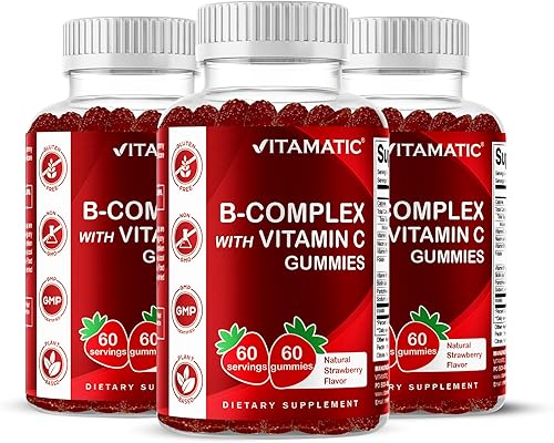 Vitamatic Gomitas de complejo de vitamina B con vitamina C e inositol, sabor natural a fresa, 60 gomitas (3 botellas)
